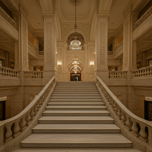 A luxury hotel lobby with a grand central staircase made of polished Carrara marble.