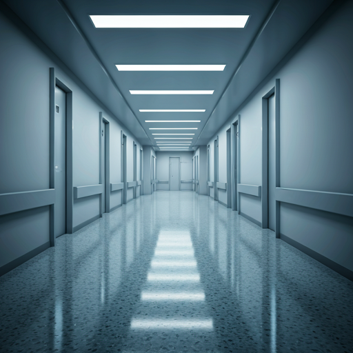 A brightly lit, clinical hospital hallway with highly polished, non-slip terrazzo flooring.