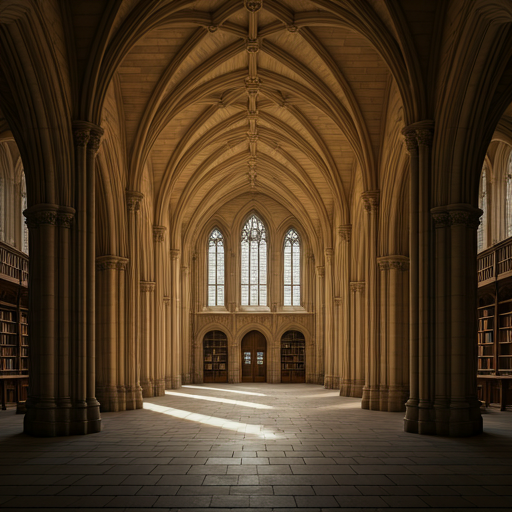 A historic university library with towering stone archways made of aged sandstone and intricately carved columns.