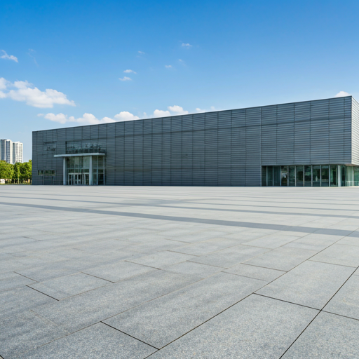 A wide public plaza outside a modern government building, featuring expansive granite pavers and large stone monuments.