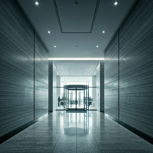 A high-rise commercial office lobby with sleek travertine walls and a polished granite floor.