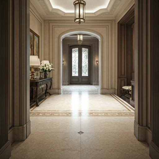 An ultra-exclusive residential foyer in a sprawling private estate, featuring a custom inlaid stone floor with complex geometric patterns.