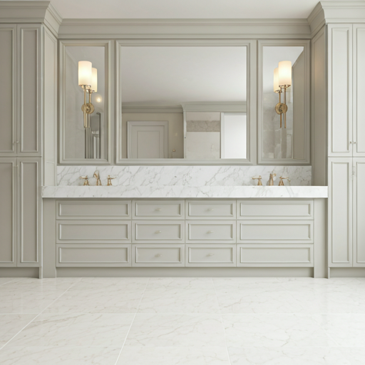 A pristine master suite bathroom with polished limestone flooring and a double marble vanity in a spa-like setting.