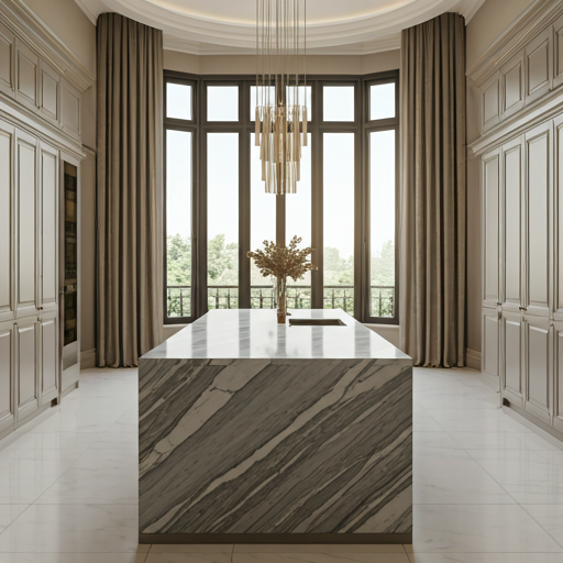 A grand, ultra-luxury residential estate interior featuring a massive marble kitchen island with intricate grey veining illuminated by soft natural morning light.