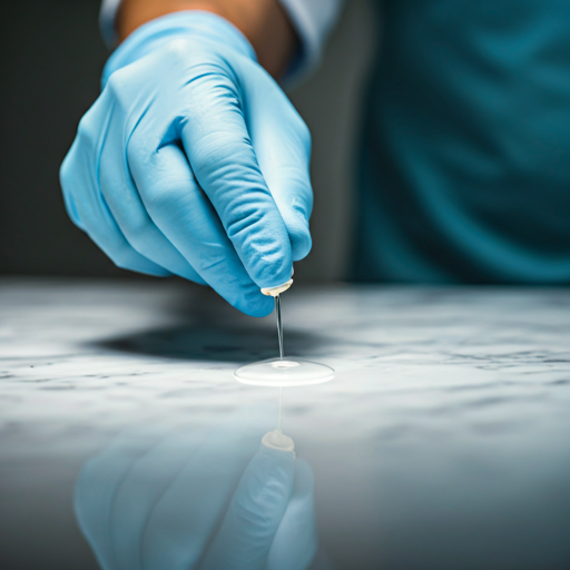 Professional worker applying a liquid sealant to a white marble countertop in a medical laboratory.