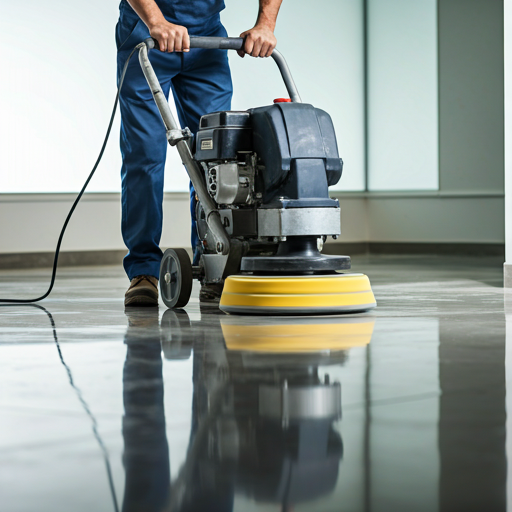 Stone restoration expert using a heavy-duty rotary polishing machine on a high-end medical clinic floor.