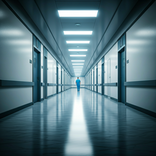A brightly lit, sterile, and modern hospital corridor with polished marble floors that reflect the clean overhead lighting.
