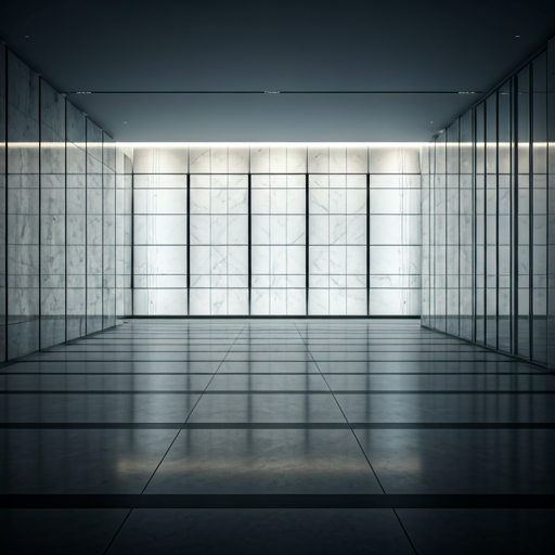 A grand, ultra-modern commercial lobby featuring massive book-matched marble walls and a seamless limestone floor that reflects soft architectural lighting.