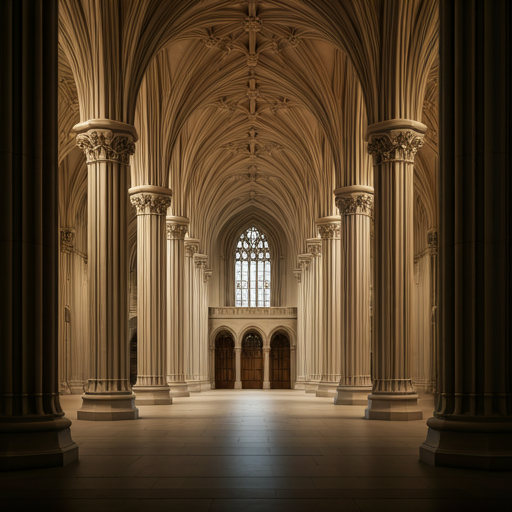 The interior of a majestic university library featuring towering stone columns and intricate limestone carvings.