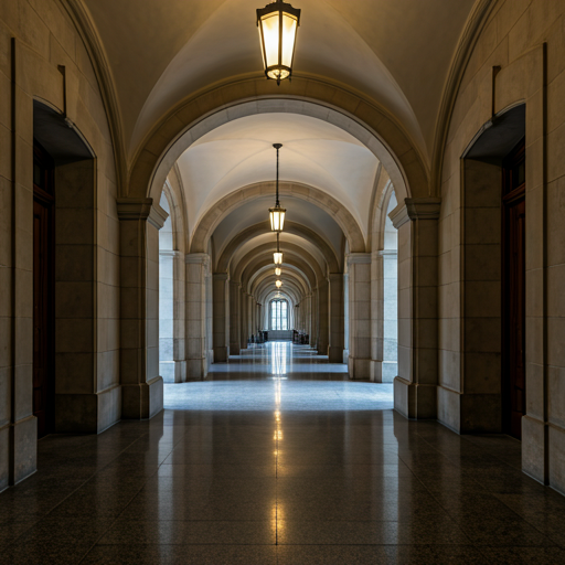 A grand university corridor with high-polished granite floors and limestone walls with rhythmic arches.
