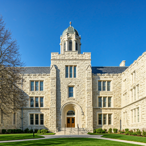 A wide view of a historic university campus building made of weathered limestone professionally cleaned and pointed.