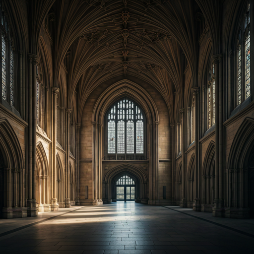 A grand, historic university hall with vaulted ceilings and majestic limestone archways in soft afternoon sunlight.