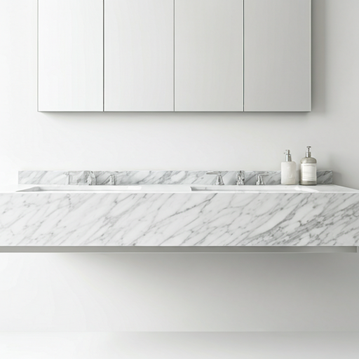 A close-up shot of a luxury hotel bathroom vanity made of high-grade Carrara marble impeccably clean and polished.