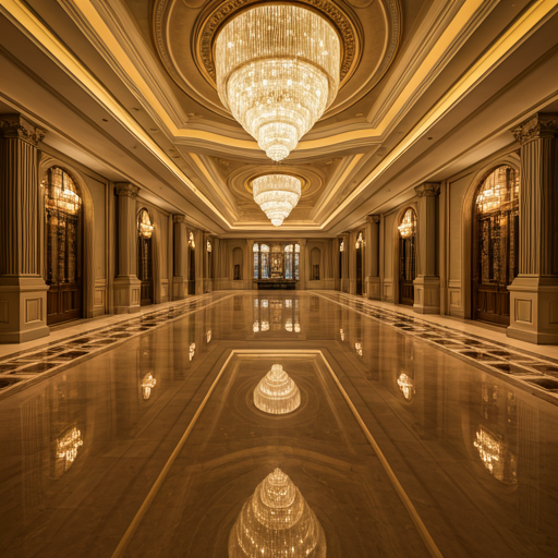 A grand, empty luxury ballroom with an expansive floor made of polished natural stone reflecting the ornate ceiling and chandeliers.