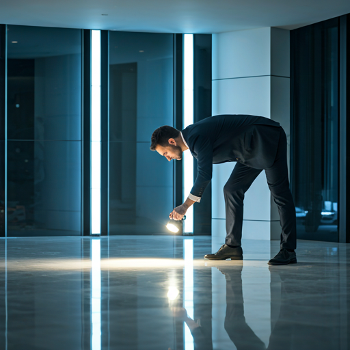 A professional stone restoration specialist in clean corporate attire inspecting a marble floor with a specialized light.