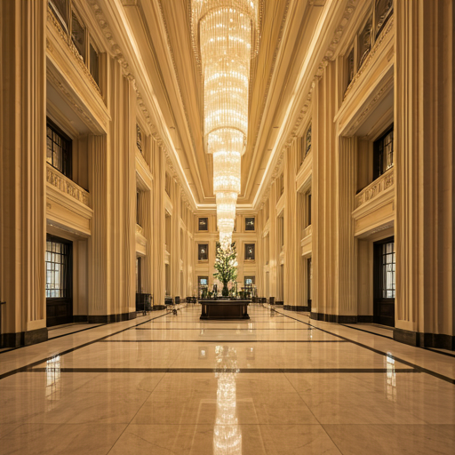 A breathtaking, expansive luxury hotel lobby featuring high-polished book-matched marble floors reflecting warm ambient lighting.