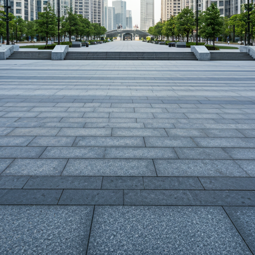 A wide, panoramic view of a expansive public stone plaza featuring meticulously laid granite and marble tiles.