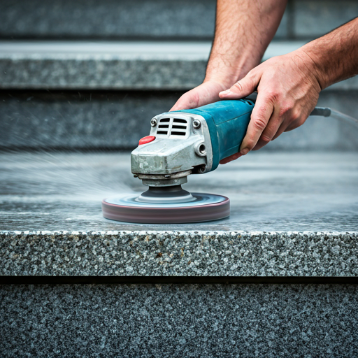 A skilled technician using a professional diamond-abrasive stone honer on a weathered marble step of a public building.