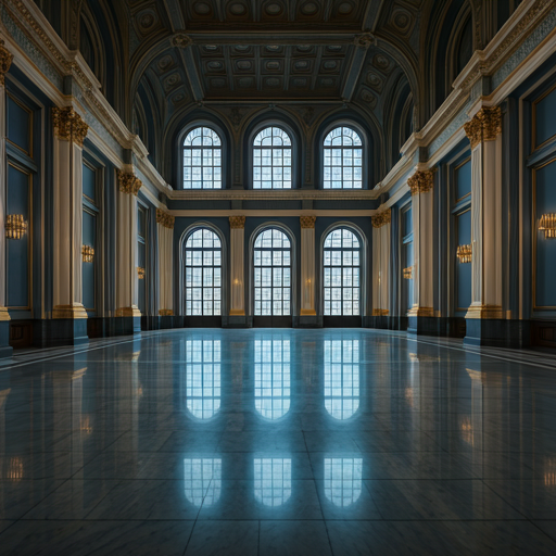 The grand foyer of a municipal hall featuring high-polished marble floors.