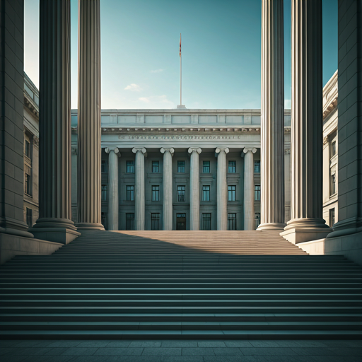 A grand, neoclassical government building with towering marble columns and a wide stone staircase under a clear blue sky.