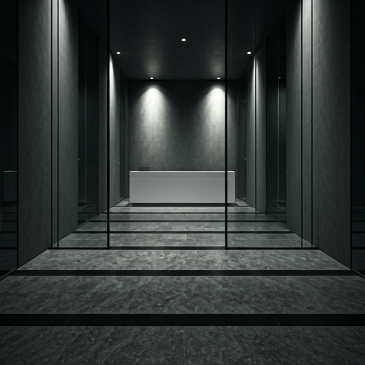 A modern office building reception area with expansive glass walls and dark honed granite flooring.