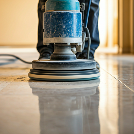 A professional stone technician using a precision floor polishing machine on a light-colored travertine floor showing the contrast between unpolished and newly reflective polished sections.