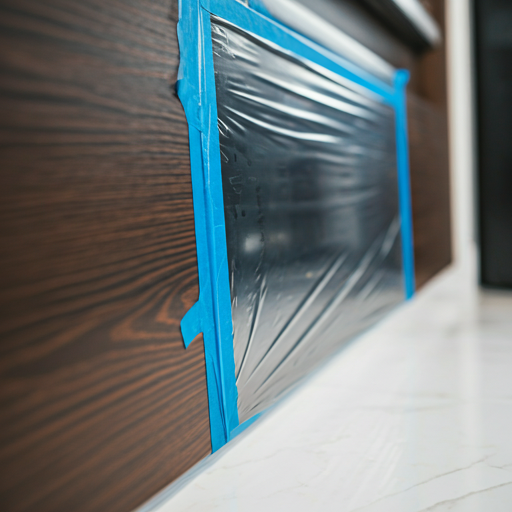 Detail shot of blue painter's tape and protective plastic film meticulously masking appliances and baseboards.