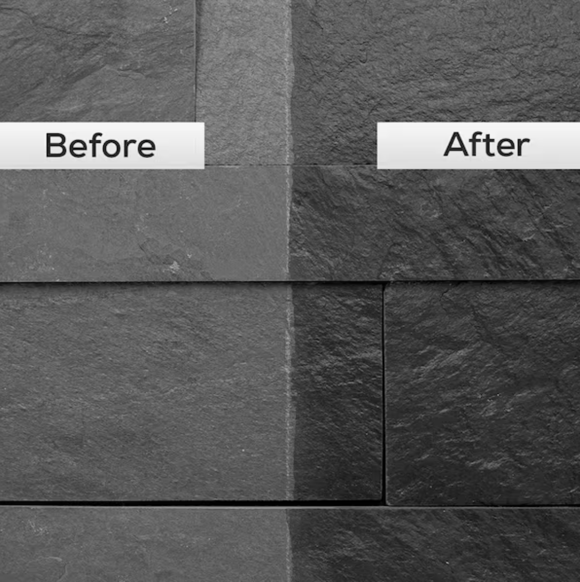 A premium non-toxic stone cleaner bottle resting on a gleaming restored granite countertop beside a neatly folded microfiber cloth.