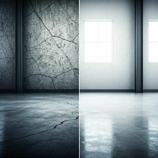 Before and after concrete restoration comparison showing weathered floor vs mirror-like restored surface