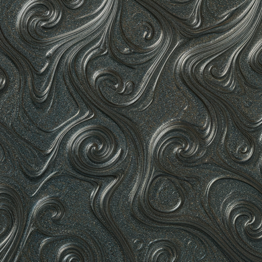Detailed macro shot of a metallic epoxy floor showing swirling silver and charcoal textures with a glass-like finish.