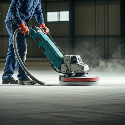 A professional technician using a heavy-duty industrial floor grinder on a concrete surface with dust extraction.