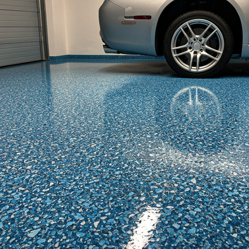 Finished decorative flake epoxy floor in a residential garage featuring a multi-colored chip pattern with high-gloss topcoat.