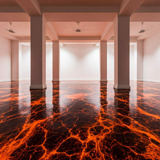Expansive showroom interior featuring a designer metallic epoxy floor with copper and bronze pigments in a fluid lava-like pattern.