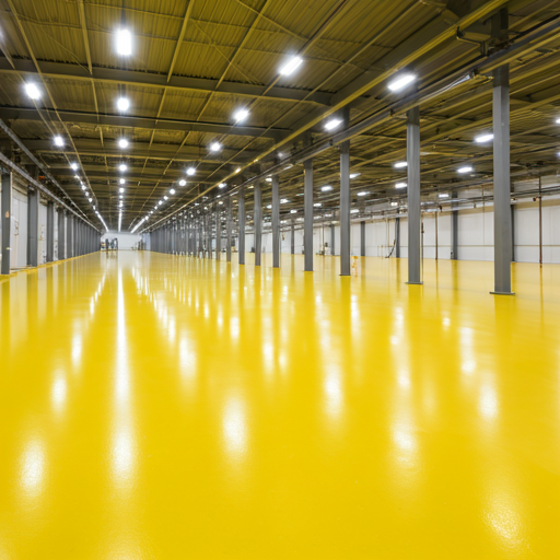 Vast pharmaceutical facility with a high-performance solid color epoxy floor, perfectly flat and hygienic.