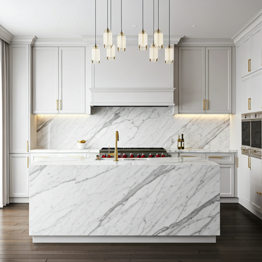 Luxury kitchen interior showcasing a massive marble island with a high-gloss mirror-like finish.