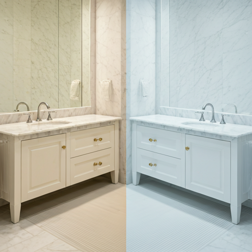 Split-screen comparison of a luxury bathroom vanity: dull etched marble on the left vs professionally restored high-gloss finish on the right.
